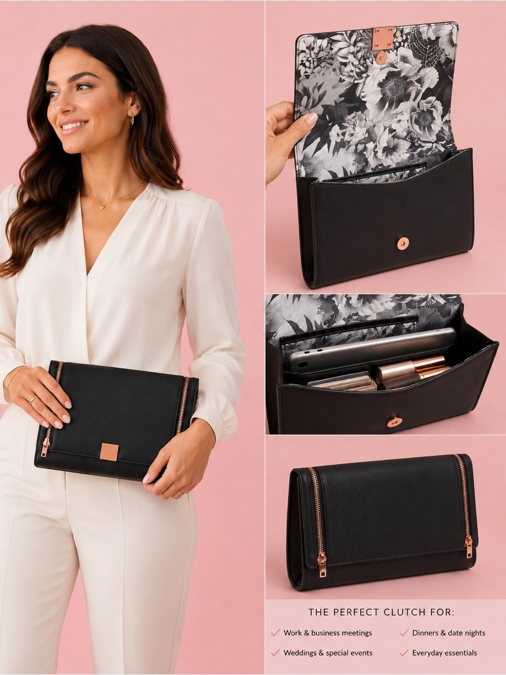 TED BAKER Black saffiano envelope-style clutch dual rose-gold zipper accent